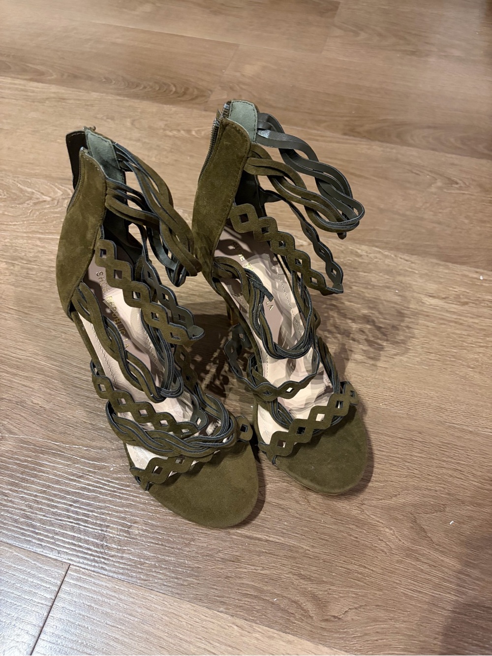Olive Green Strappy Suede High Heel Sandals - Women